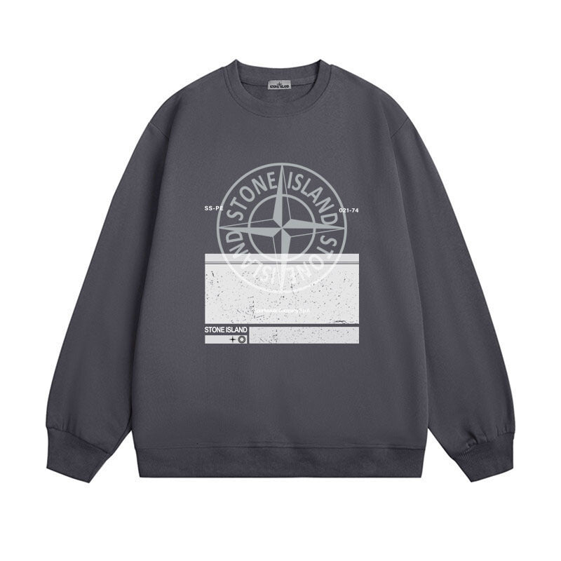 Stone Island Compass Print Crewneck Sweatshirt Men Winter Fleece Top