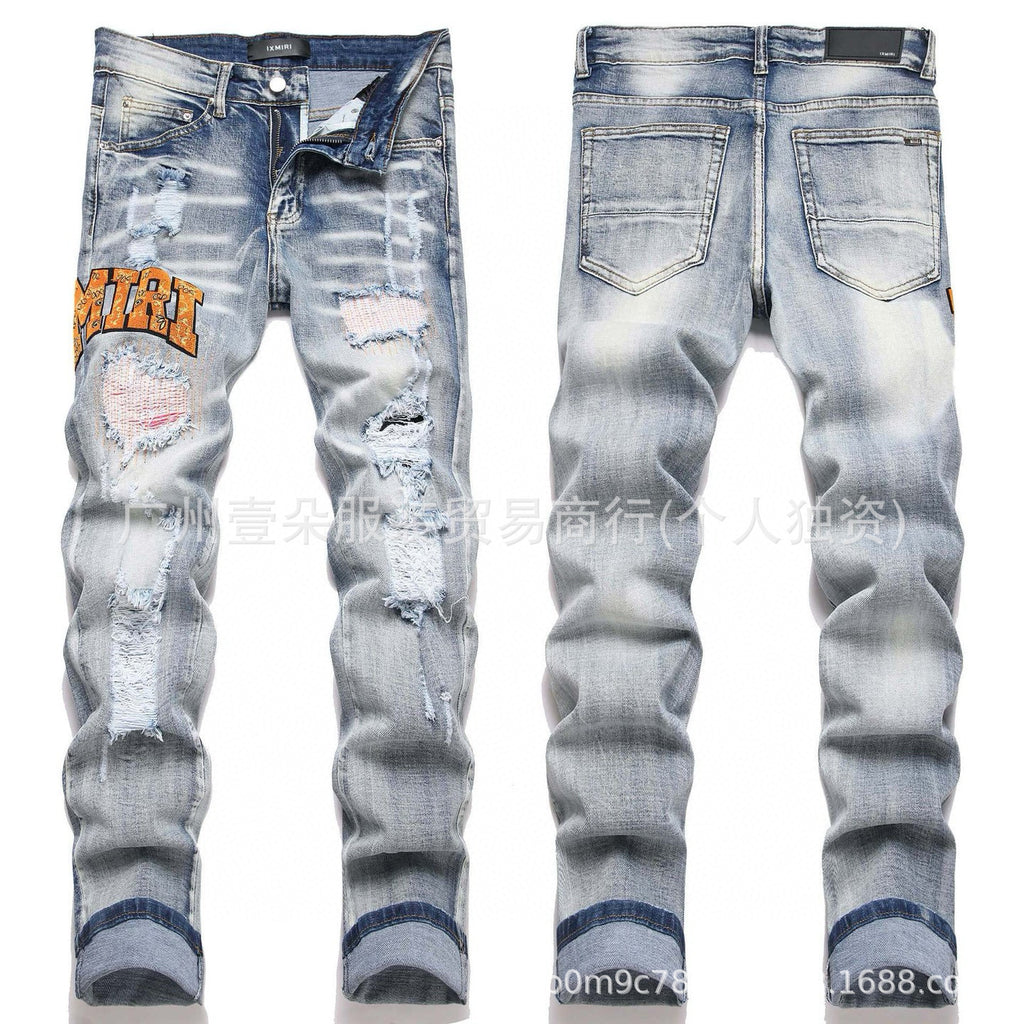 Amiri Letter Embroidery Washed Slim Tapered Denim Jeans Unisex
