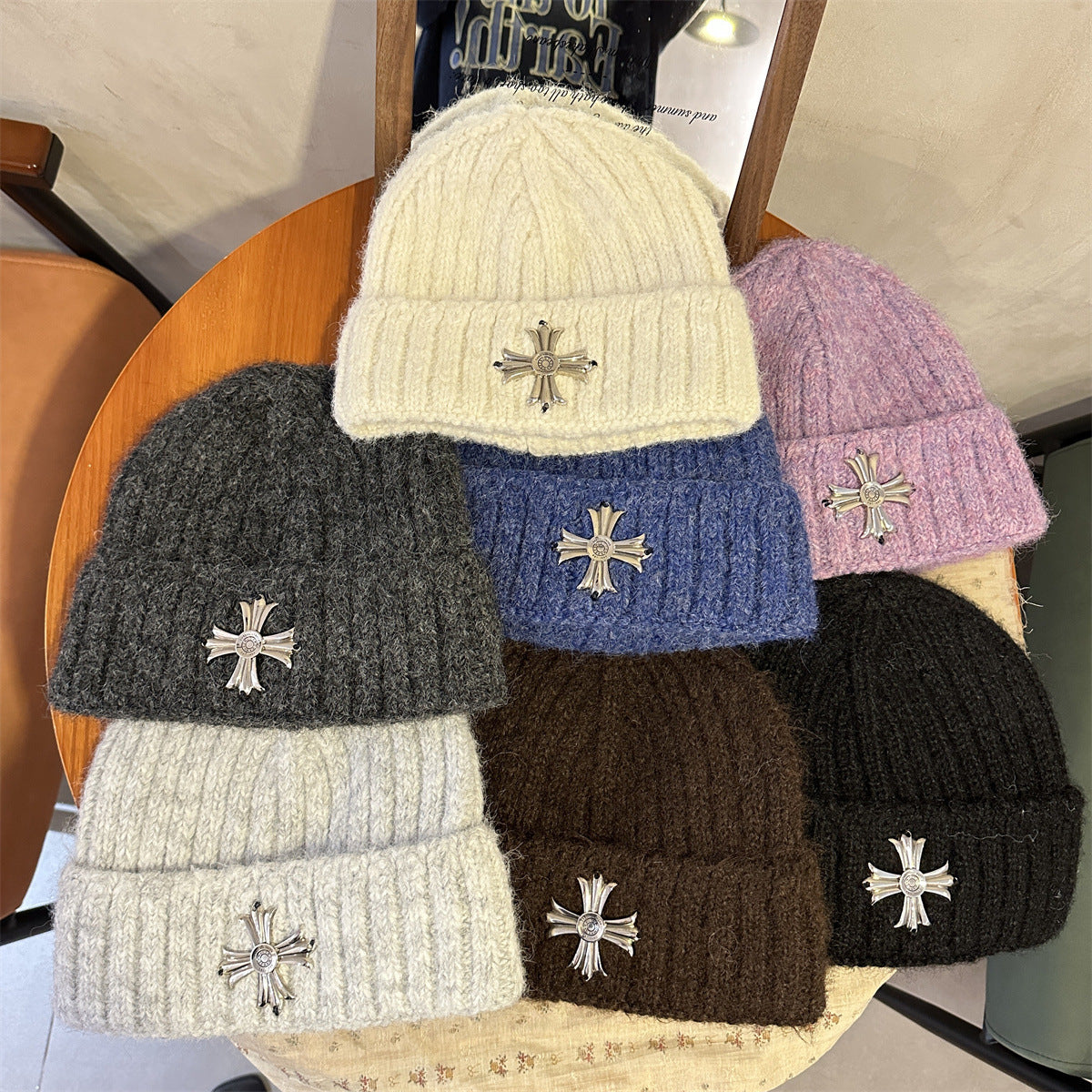 Metal Cross Knit Cuffed Beanie Vintage Winter Skull Cap Multi‑Color