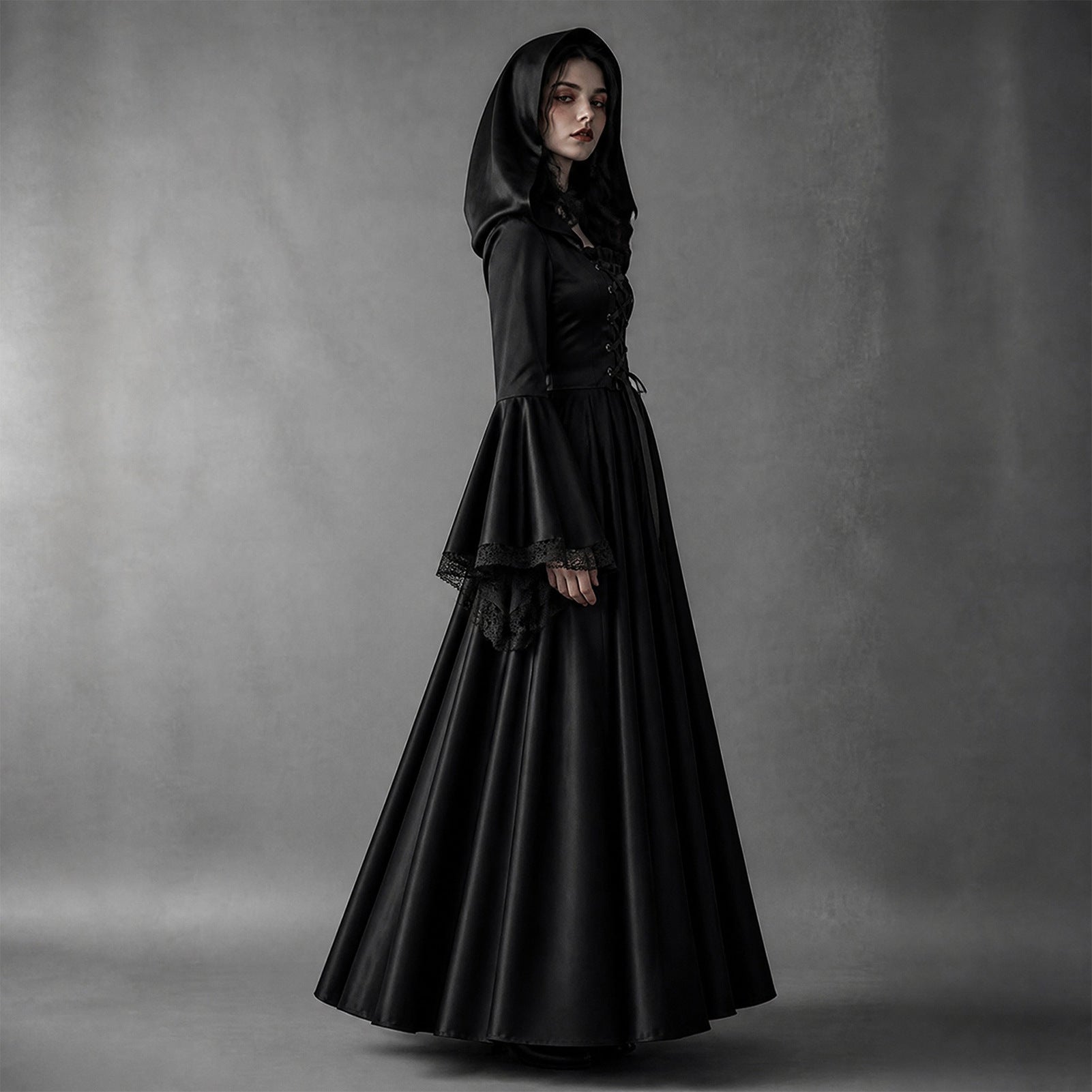 Halloween Women Medieval Gothic Hooded Witch Cosplay Long Dress