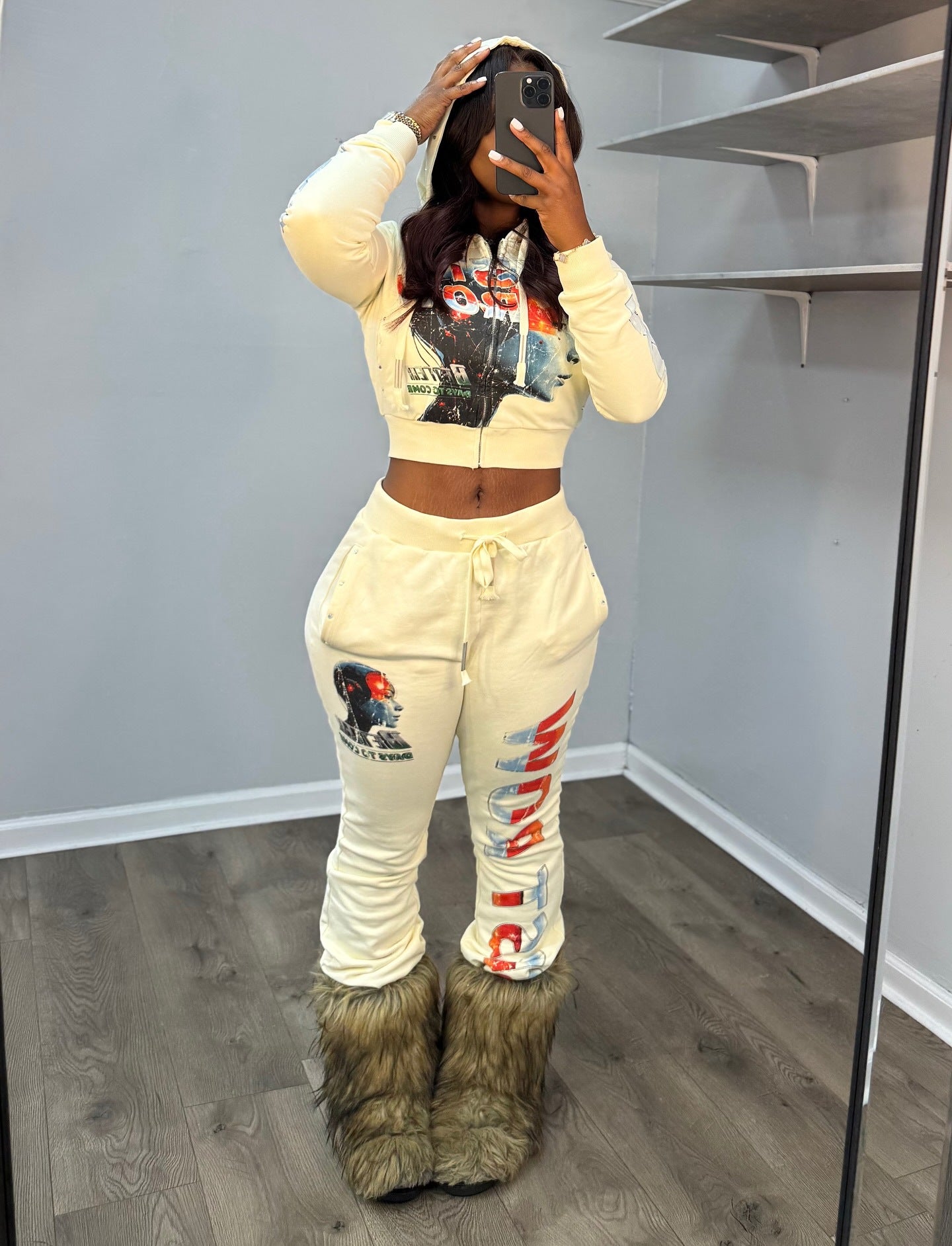 First Row Post Human New Born Zip Crop Hoodie Flare Jogger 2 Piece Set Women
