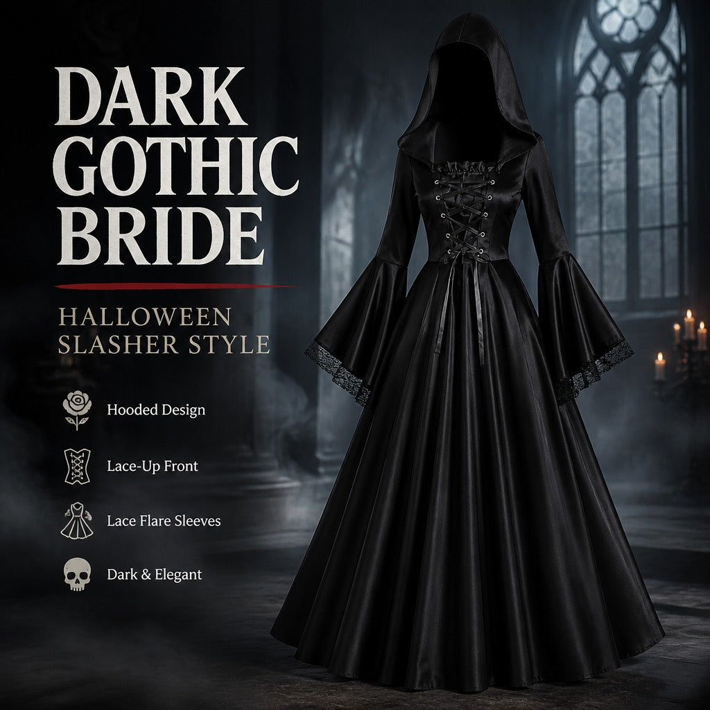 Halloween Women Medieval Gothic Hooded Witch Cosplay Long Dress