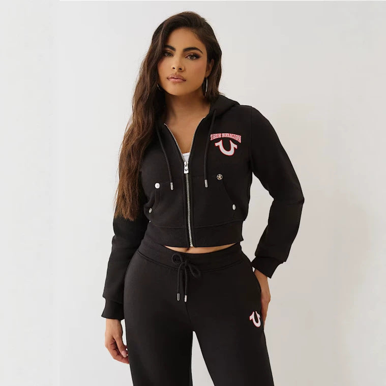 Y2K True Religion Horseshoe Logo Zip Crop Hoodie Straight Jogger 2 Piece Set