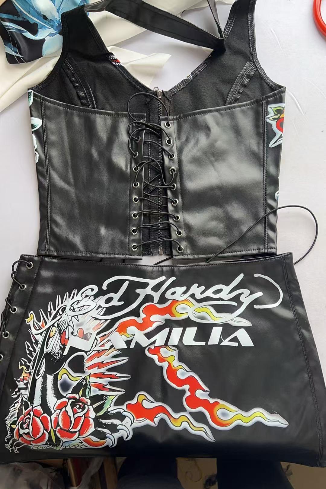 Ed Hardy Tattoo Print PU Leather Zip Cami Top Mini Skirt 2 Piece Set Women