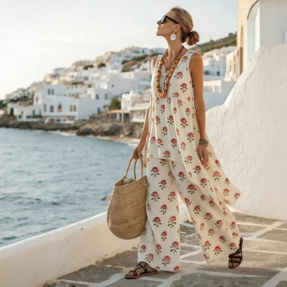 Women Boho Striped Trim Sleeveless Loose Beach Two Piece Set
