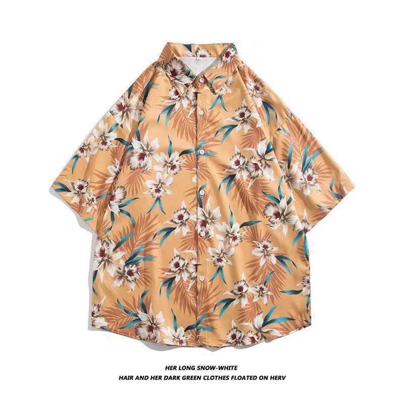 Mens Vintage Cartoon Tropical Print Short Sleeve Beach Shirt