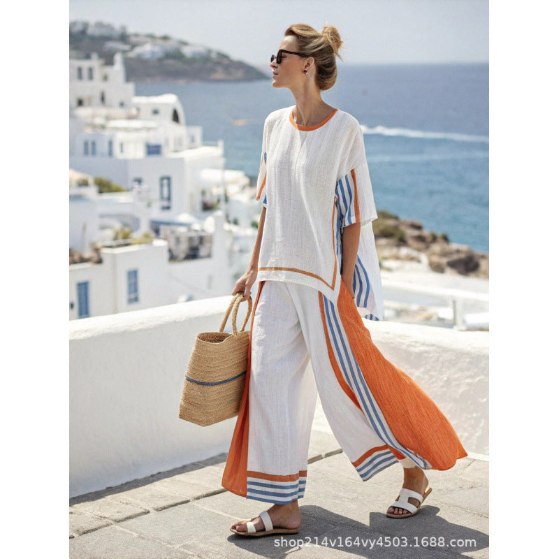 Women Boho Striped Plus Size Loose Kaftan Beach Set