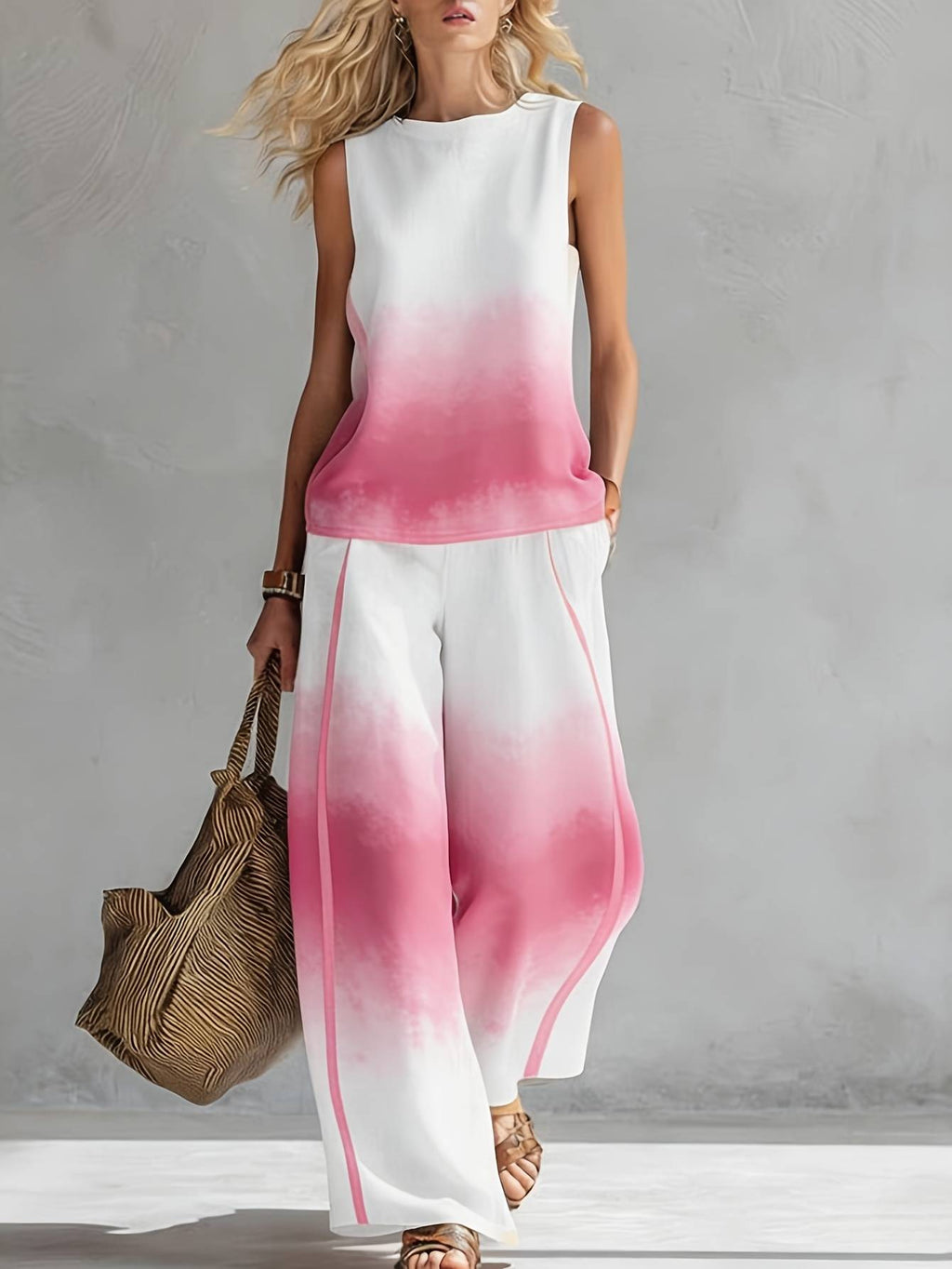 Boho Floral Trim Sleeveless Wide Leg Two Piece Set