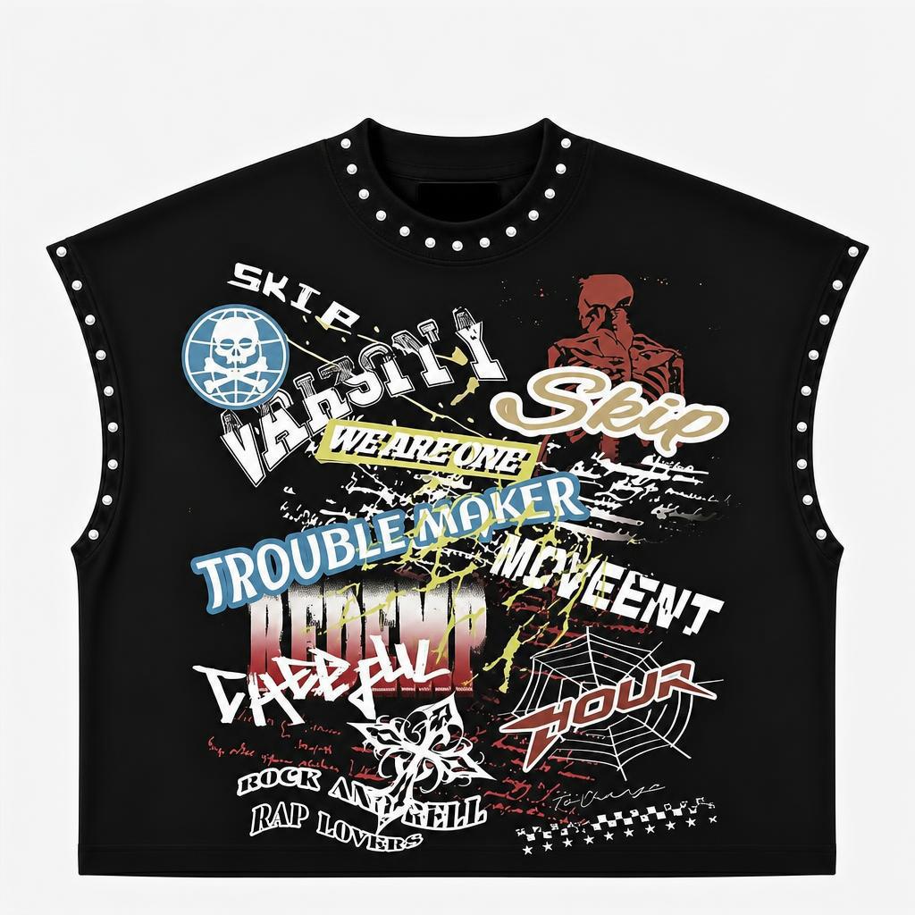 Rivet Decor Graphic Print Crew Neck Sleeveless Crop Tank Top Women