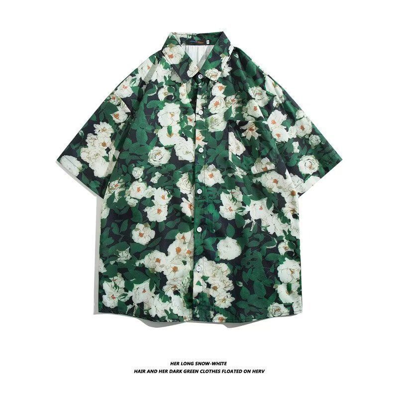 Mens Vintage Cartoon Tropical Print Short Sleeve Beach Shirt