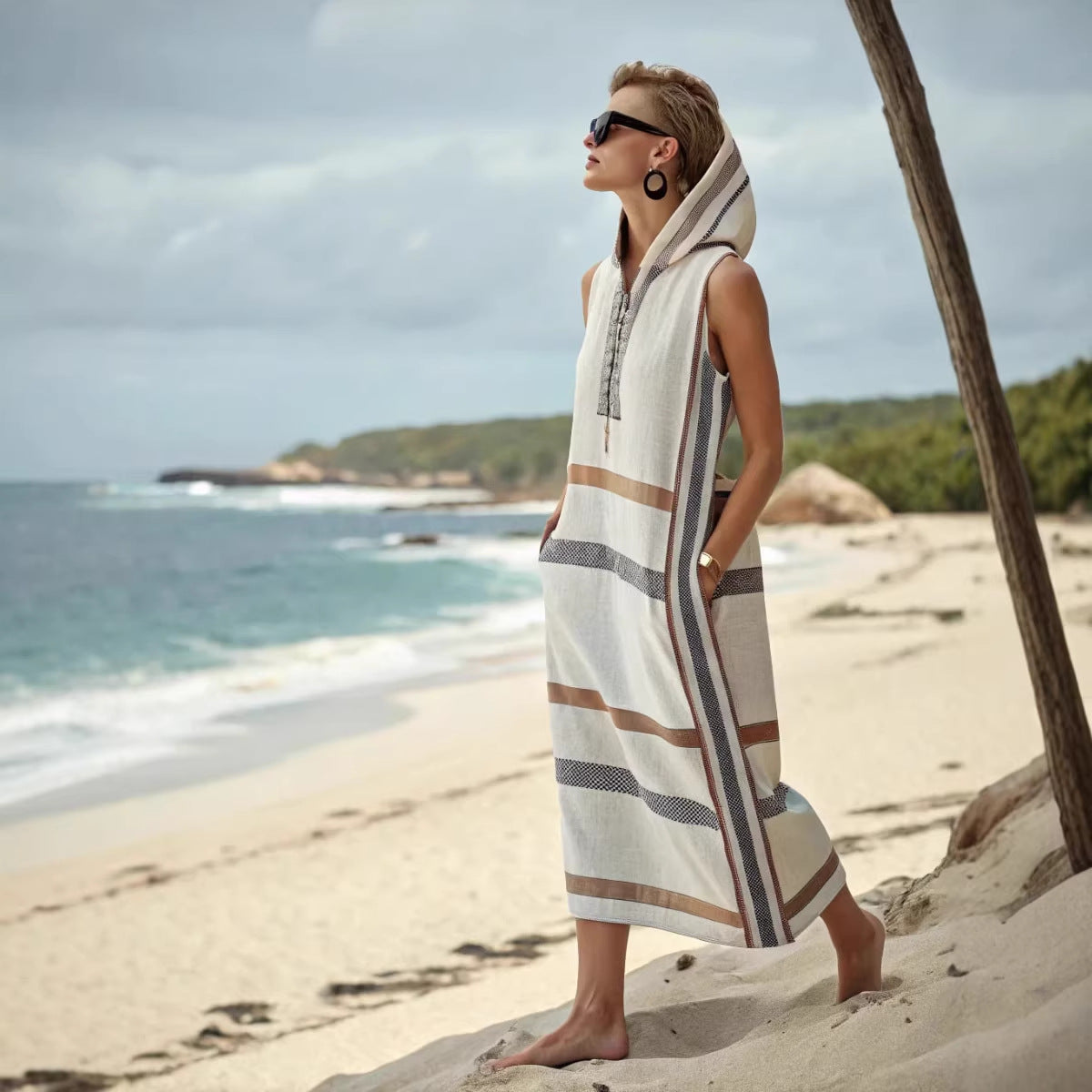 Women Boho Striped Hooded Sleeveless Slit Pocket Kaftan Maxi Beach Dress