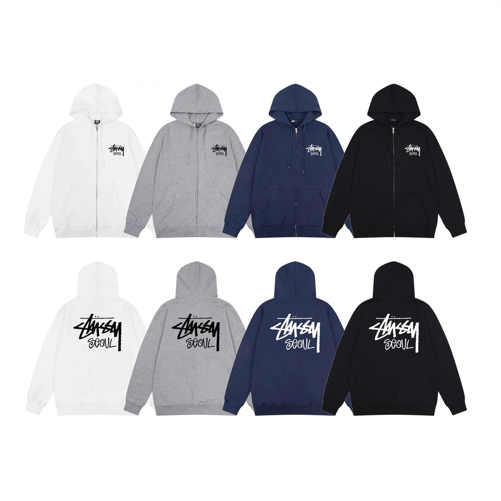 Stussy Zip Up Hoodie Multi Graphic Letter Print Streetwear Jacket