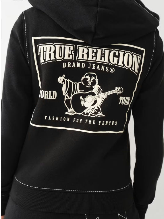 True Religion Vintage Stitch Zip Crop Hoodie Flare Pant Tracksuit Set
