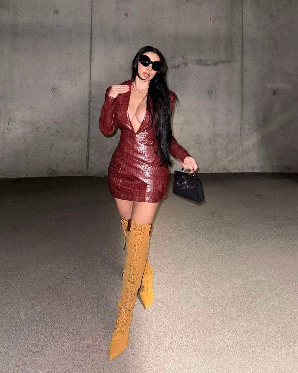 Croc Faux Leather Deep V Wrap Ruched Long Sleeve Mini Dress Women