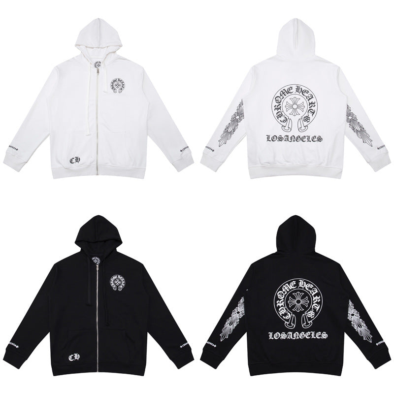 Chrome Hearts Horseshoe Cross Zip Hoodie Floral Sleeve Street Jacket