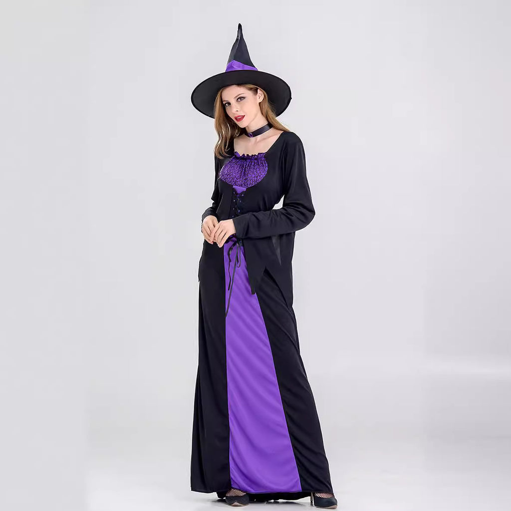 Halloween Women Purple Black Witch Cosplay Long Dress With Hat/Choker
