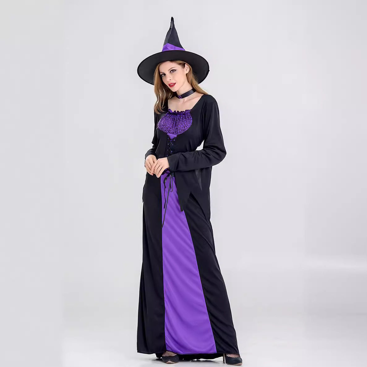 Halloween Women Purple Black Witch Cosplay Long Dress With Hat/Choker