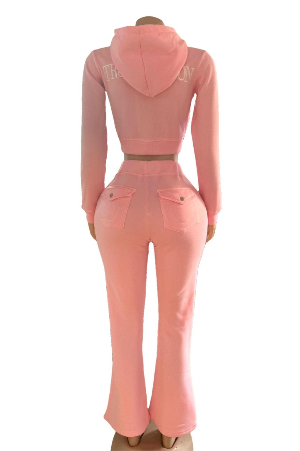 Y2K True Religion Contrast Stitch Embroidery Crop Hoodie 2 Piece Set