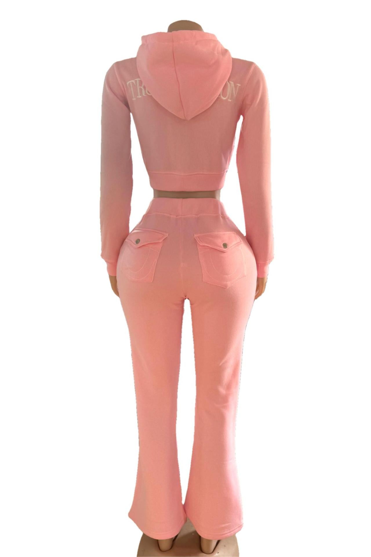 Y2K True Religion Contrast Stitch Embroidery Crop Hoodie 2 Piece Set