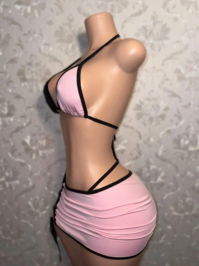 Y2K Cross Patch Halter Bikini Lace Up Mini Skirt 3 Piece Set