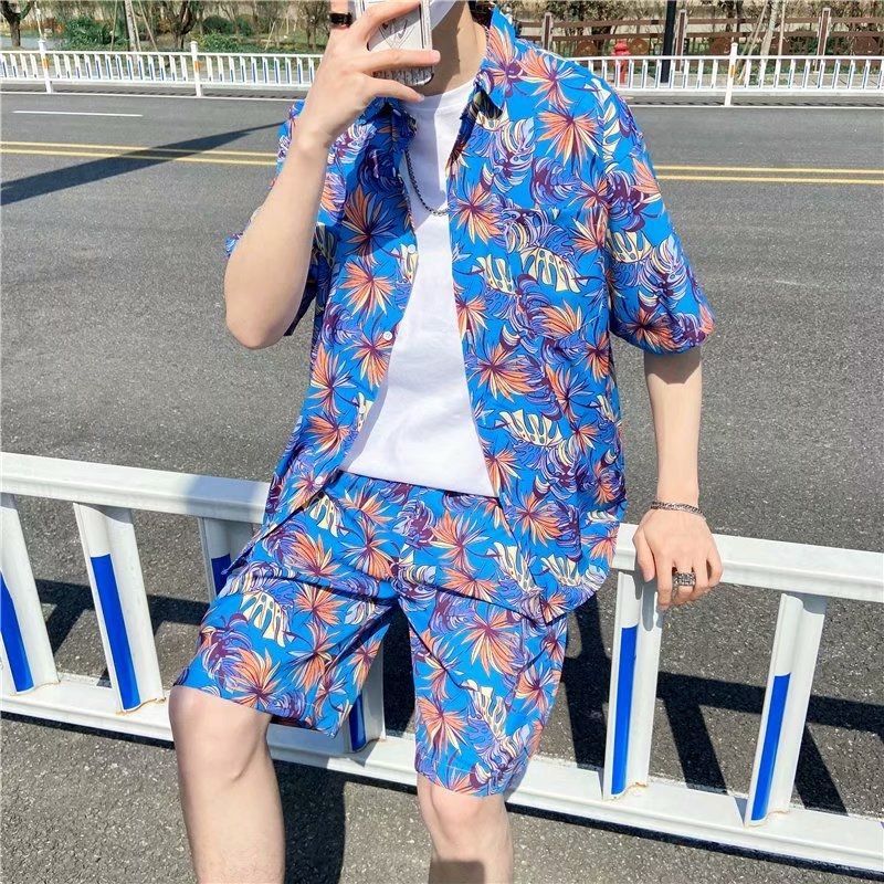 Couple Quick Dry Floral Loose Tropical Beach Shirt Shorts Set