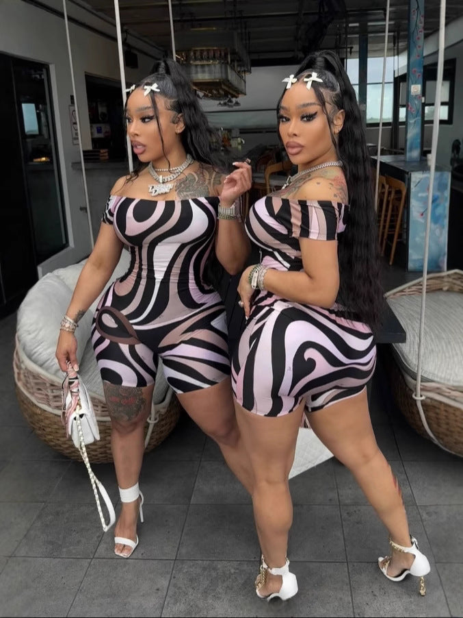 Off Shoulder Abstract Print Bodycon Romper Shorts Women Sexy Club Jumpsuit
