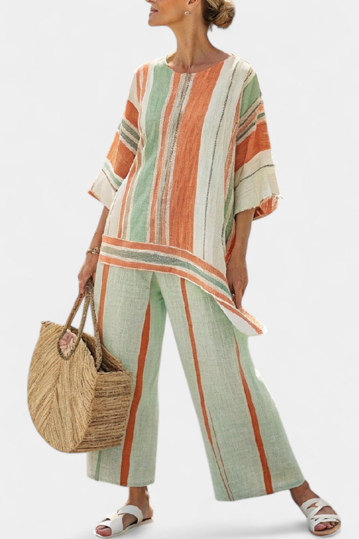 Women European Boho Striped Plus Size Loose Kaftan Beach Vacation Set