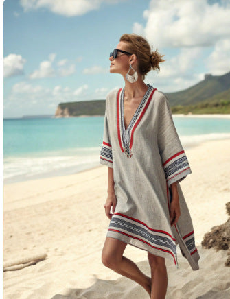 Women Boho Geometric Print V Neck Loose Kaftan Maxi Beach Dress