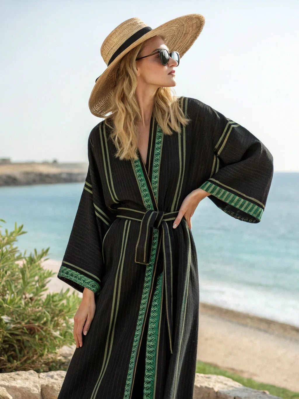 Boho Striped Belted Kaftan Maxi Beach Cover Up