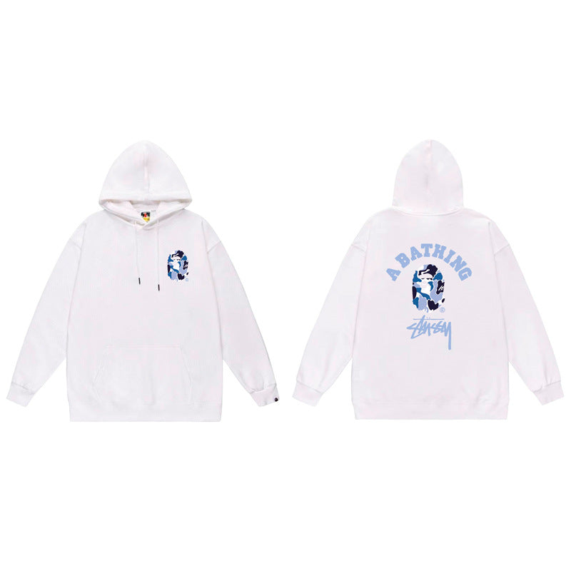 BAPE x Stussy Shark Graphic Hoodie Street Cotton Pullover Sweatshirt