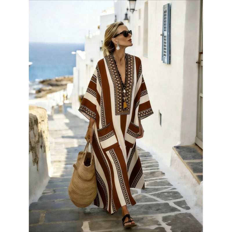 Women Boho Striped V Neck Open Front Loose Kaftan Maxi Beach Dress