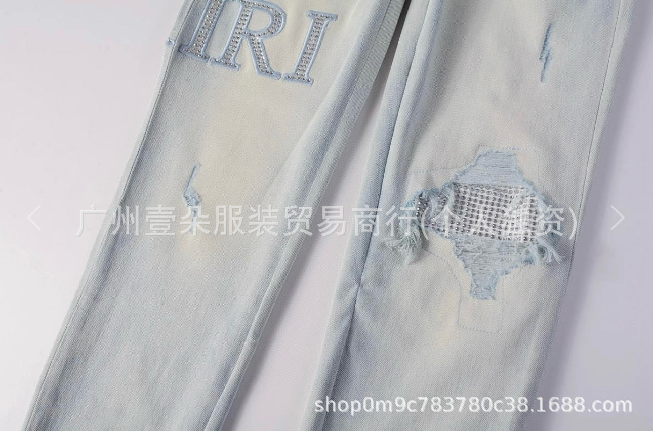 Amiri Letter Embroidery Washed Slim Tapered Denim Jeans Unisex