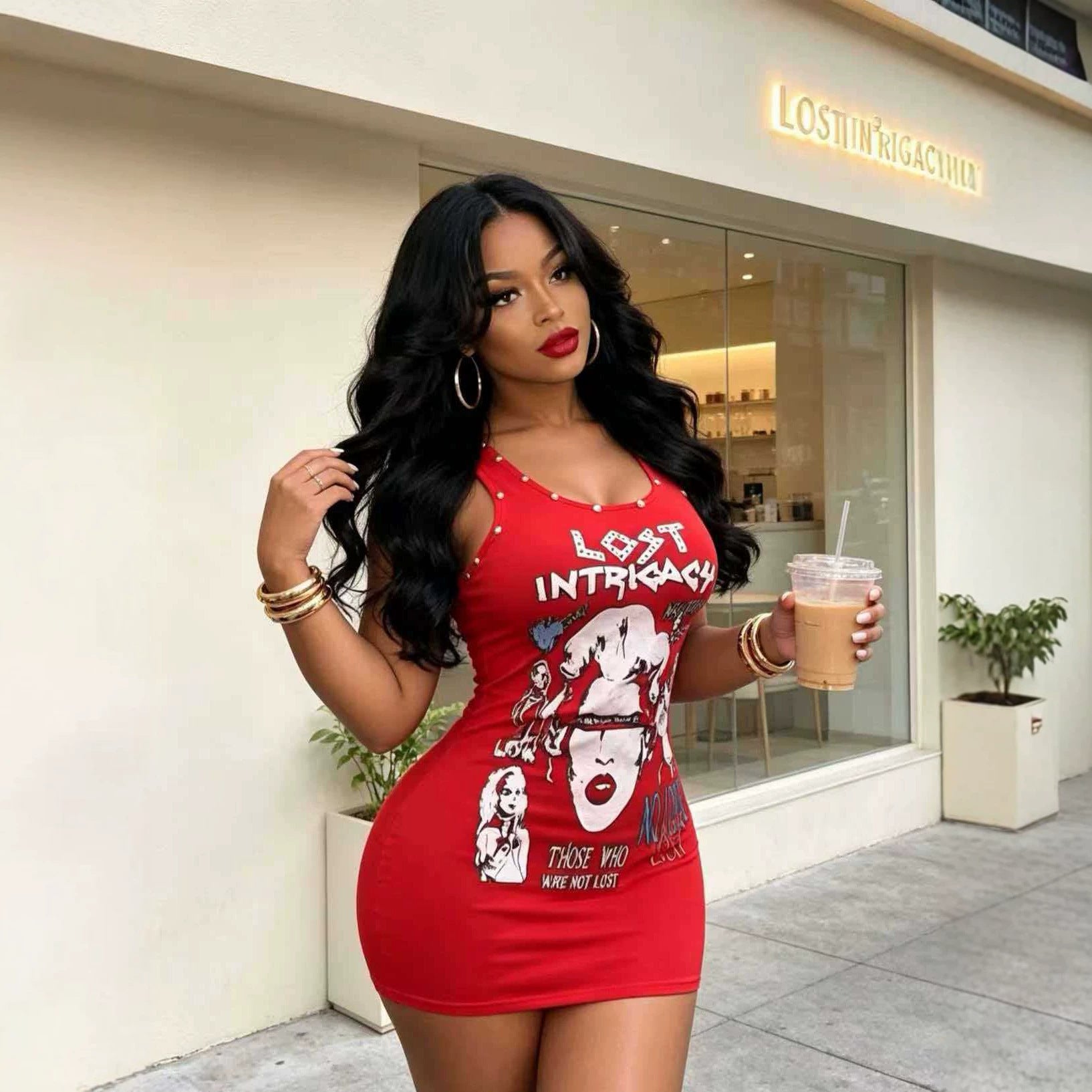 Lost Intricacy Graphic Rivet Tank Backless Bodycon Mini Dress Women
