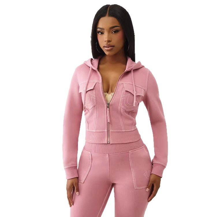 Y2K True Religion Contrast Stitch Embroidery Crop Hoodie 2 Piece Set