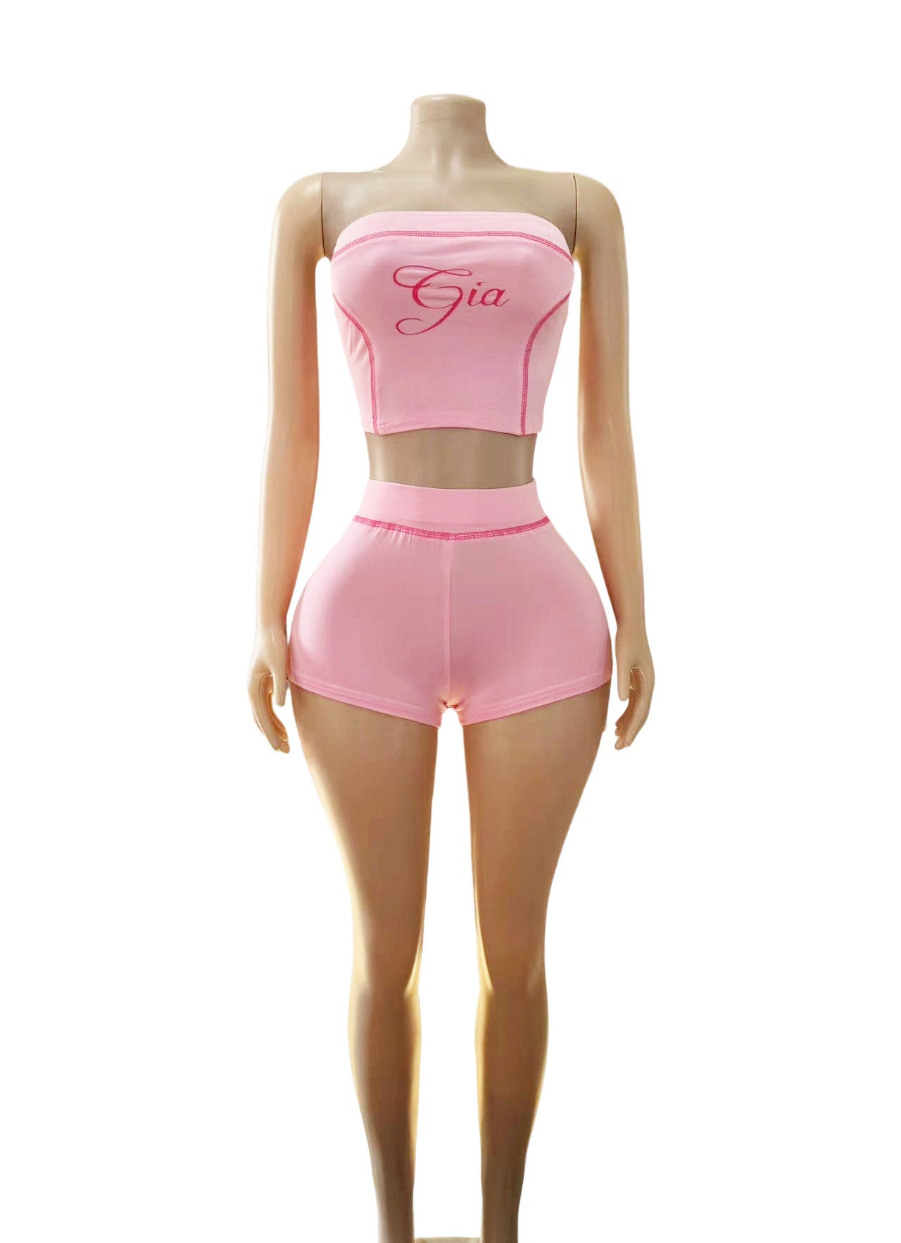 I.AM.GIA Stitch Letter Print Tube Top Biker Shorts 2 Piece Outfit Set