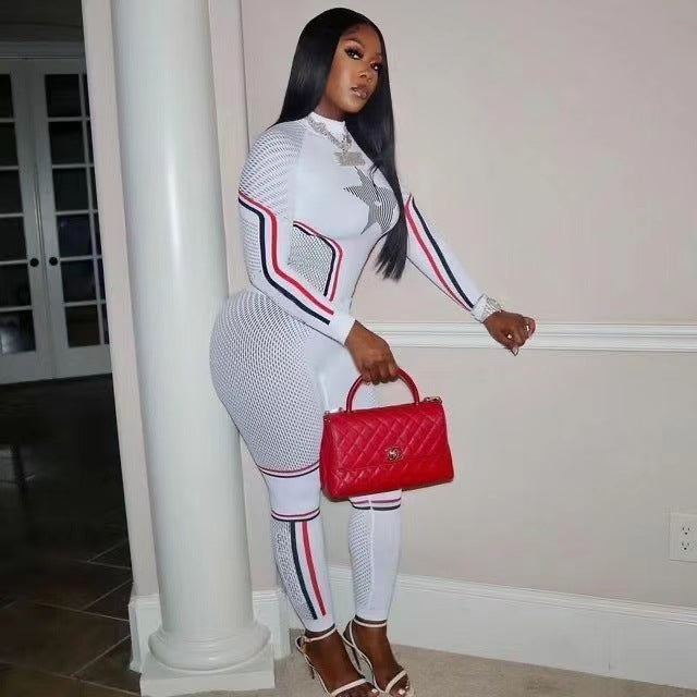 Star Print Color Block Long Sleeve Top Leggings 2 Piece Set Women