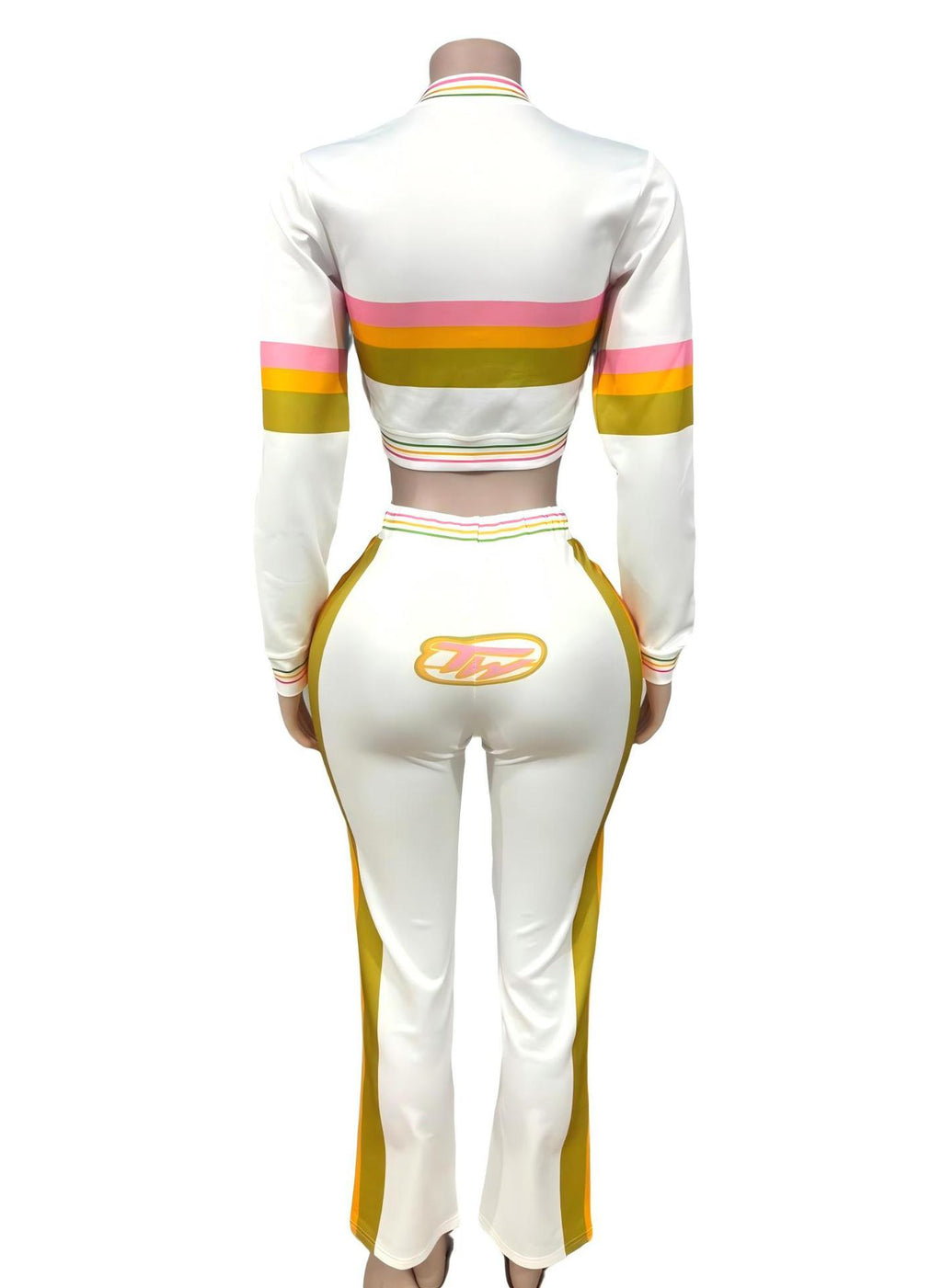 Twiley TM Rainbow Stripe Zip Crop Jacket Flare Pants 2 Piece Set Women