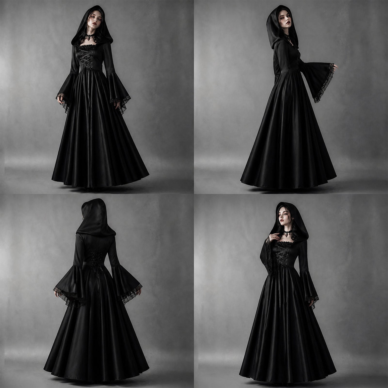 Halloween Women Medieval Gothic Hooded Witch Cosplay Long Dress