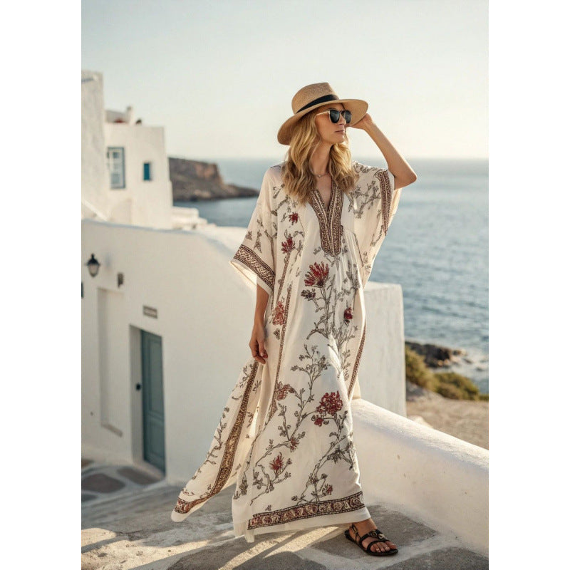 Women Boho Floral Border Print V Neck Loose Kaftan Maxi Beach Dress
