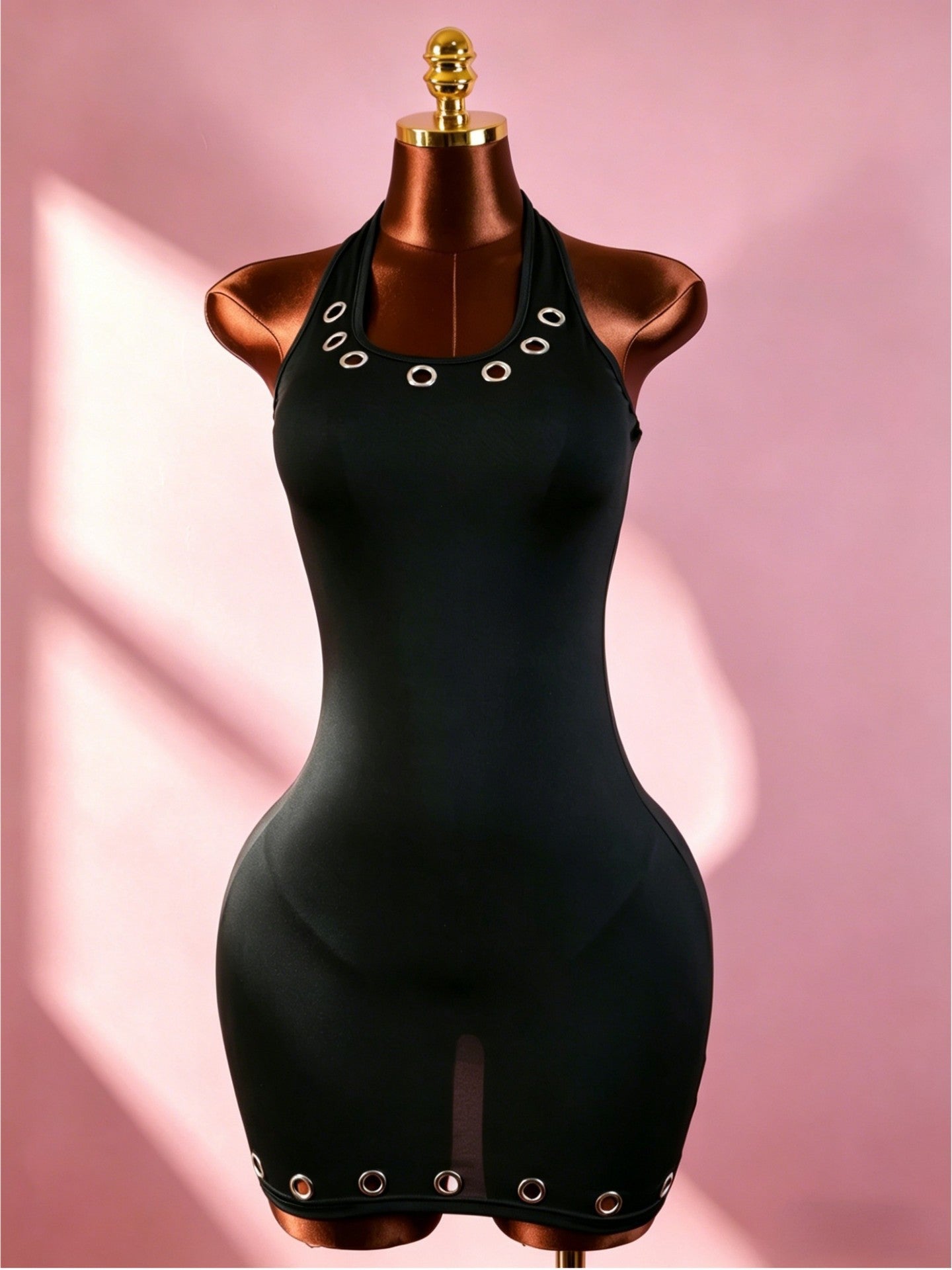 Eyelet Halter Backless Bodycon Mini Dress Women High Stretch