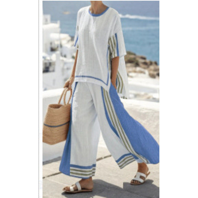 Women Boho Striped Plus Size Loose Kaftan Beach Set