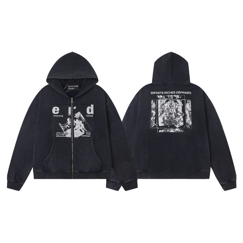 ERD Distressed Washed Vintage Full Zip Hoodie Jacket Unisex