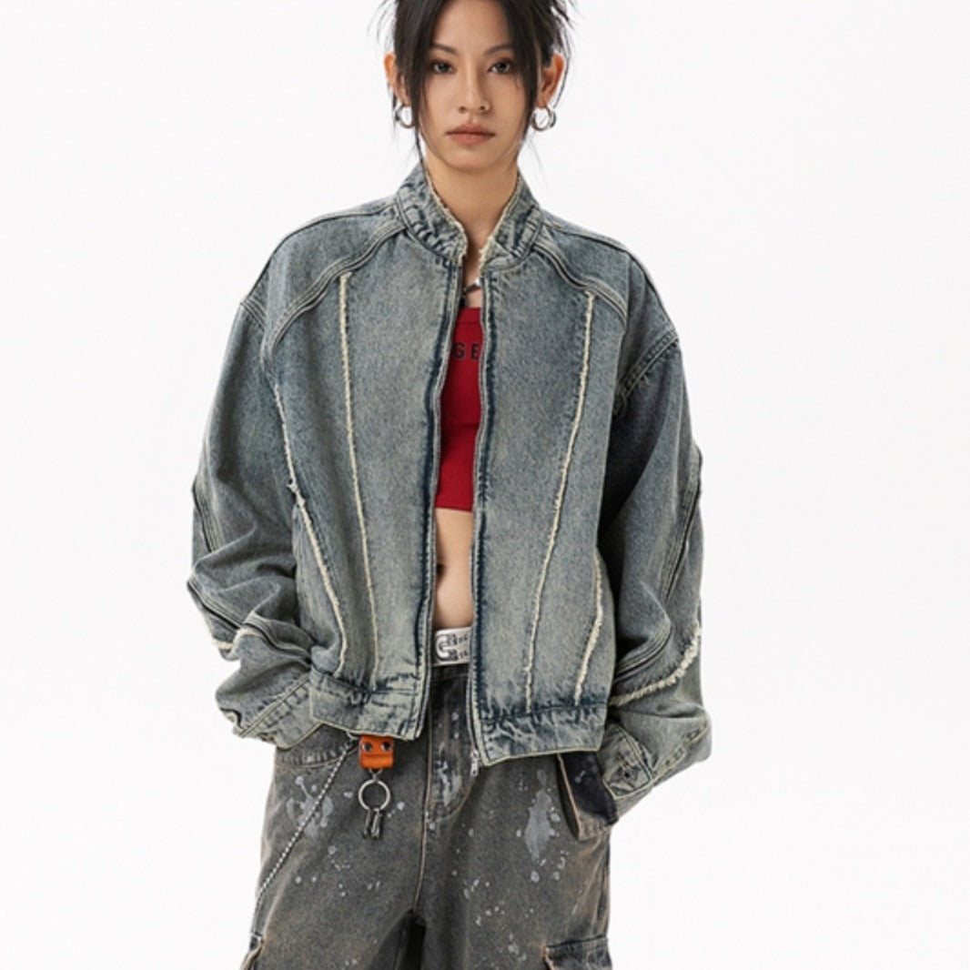 Y2K Vintage Washed Spliced Denim Zip‑Up Jacket Streetwear Unisex