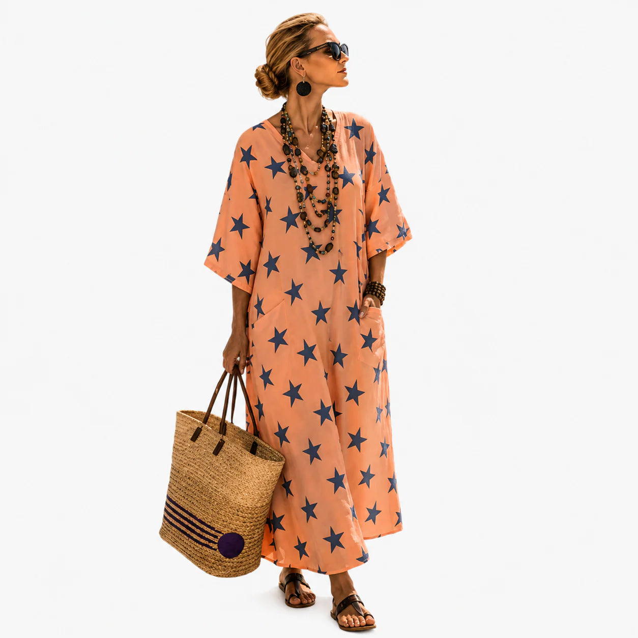 Women Boho V Neck Patch Pocket Print Loose Kaftan Maxi Beach Dress