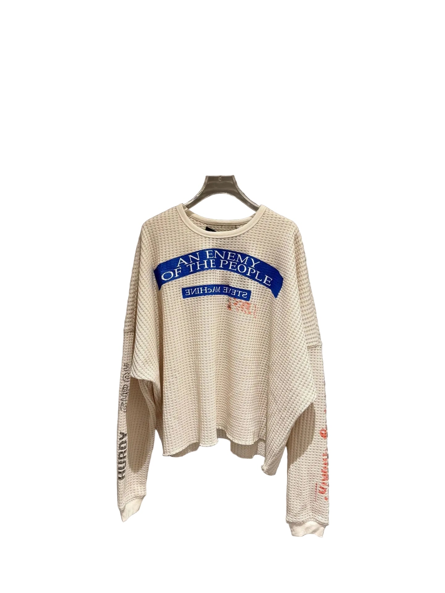 Waffle Knit Figure Letter Graphic Crew Neck Long Sleeve T Shirt