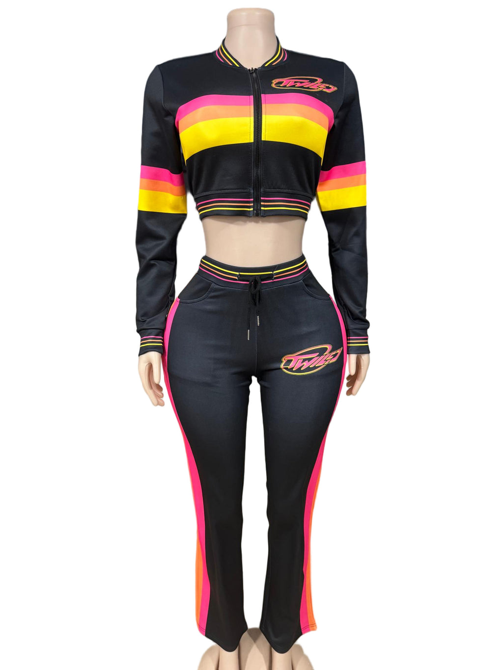 Twiley TM Rainbow Stripe Zip Crop Jacket Flare Pants 2 Piece Set Women