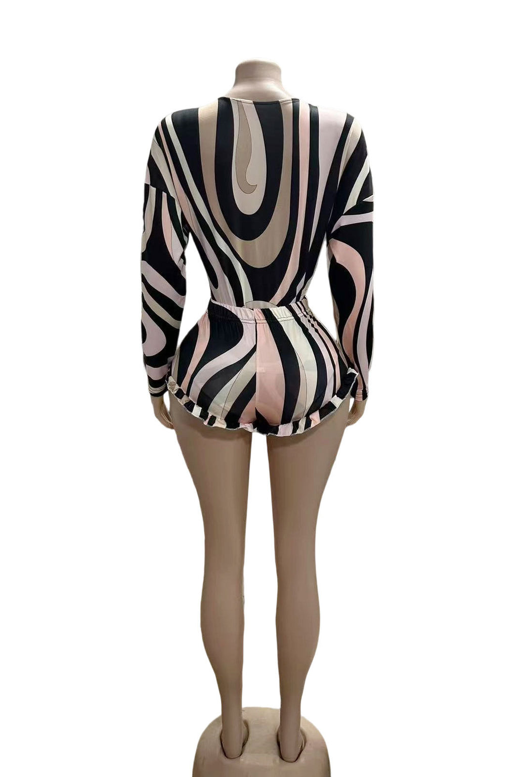 Y2K Abstract Swirl Print Deep V Long Sleeve Ruffle Short 2 Piece Set