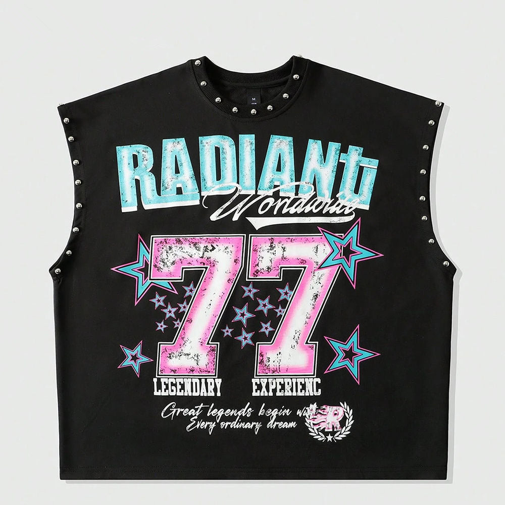 Vintage Letter Number Graphic Rivet Sleeveless Loose Vest Top Women