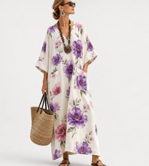 Women Boho V Neck Patch Pocket Print Loose Kaftan Maxi Beach Dress