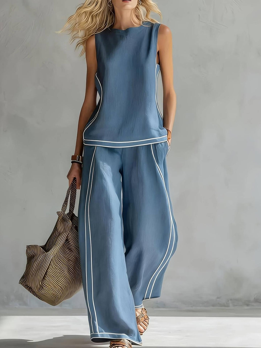 Boho Floral Trim Sleeveless Wide Leg Two Piece Set